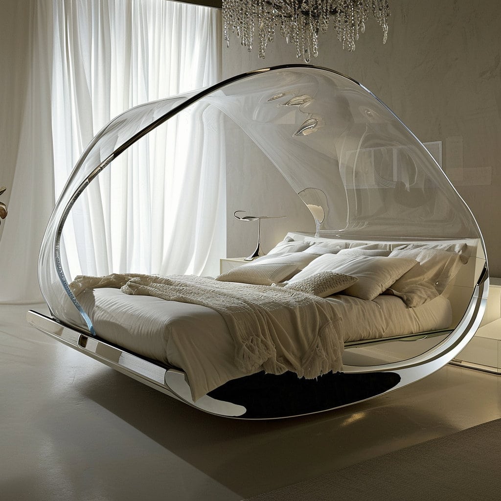 Unusual queen-size bed with a curved acrylic or glass design at Lilyvolt com