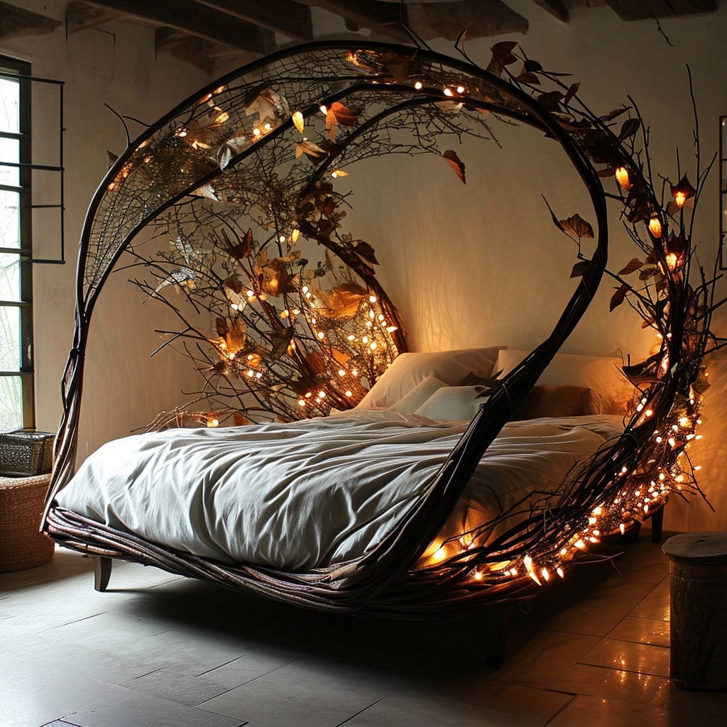 Unusual queen-size bed with a fairy lights at Lilyvolt com