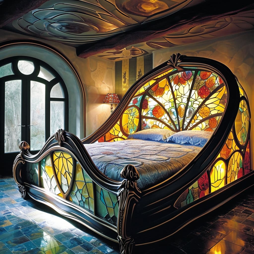 Unusual queen-size bed with art nouveau stained glass detail at Lilyvolt com