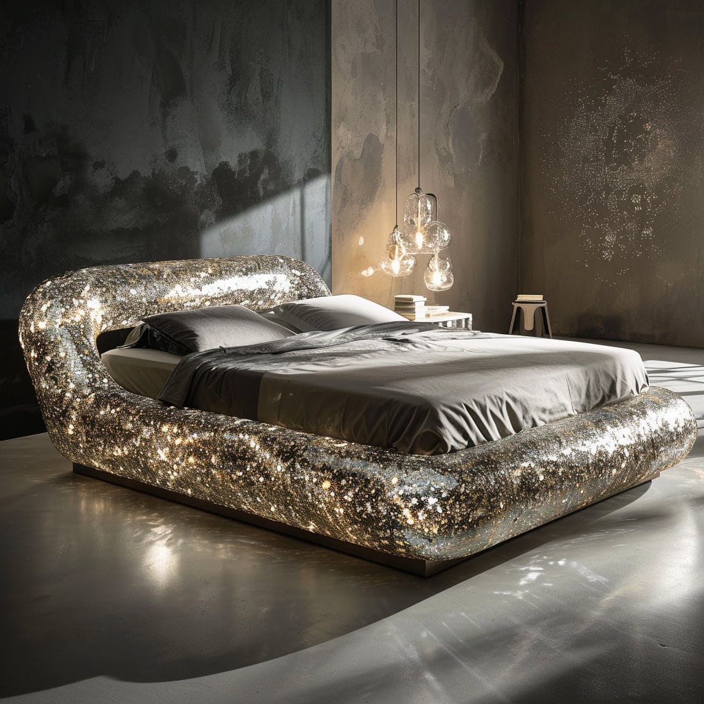 Unusual queen-size bed with glitter platform decor at Lilyvolt com