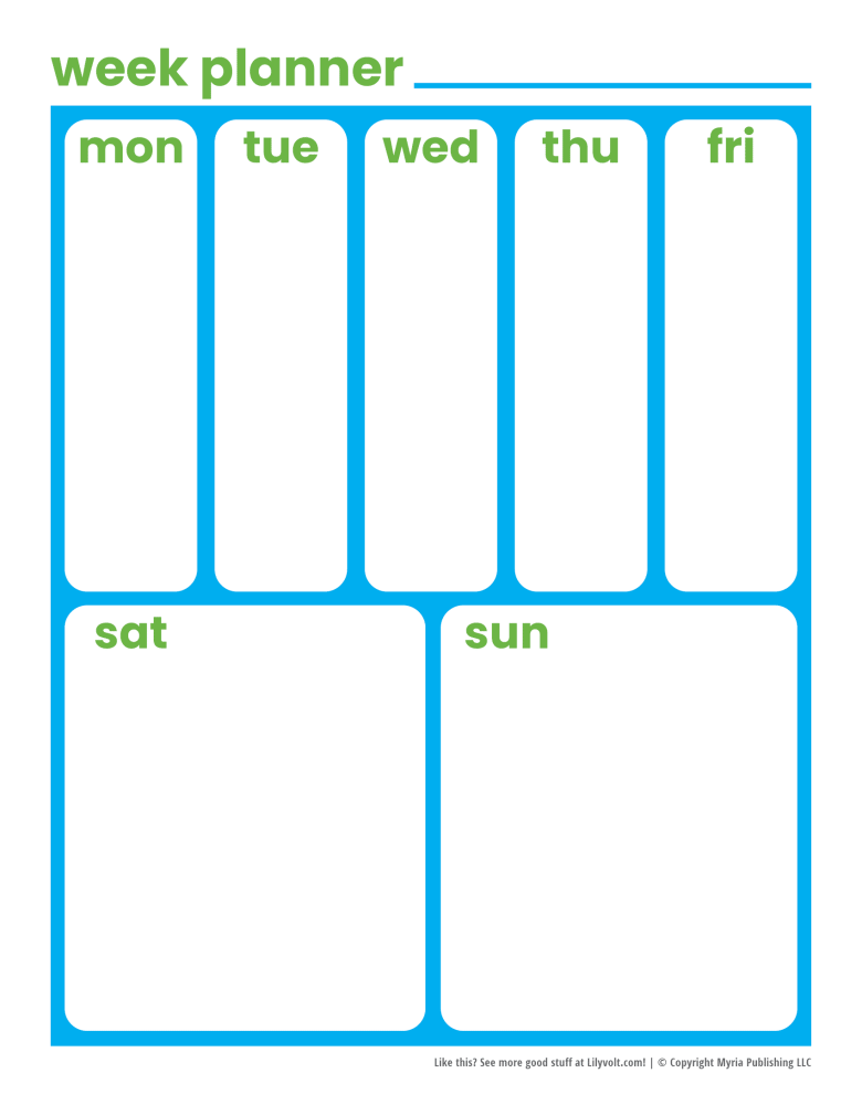 Week and weekend planner pages - Blue with green