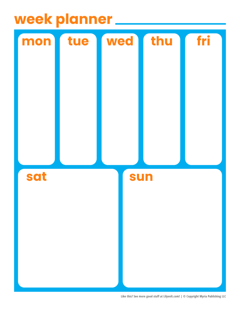 Week and weekend planner pages - Blue with orange