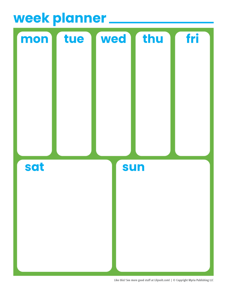 Week and weekend planner pages - Green with blue