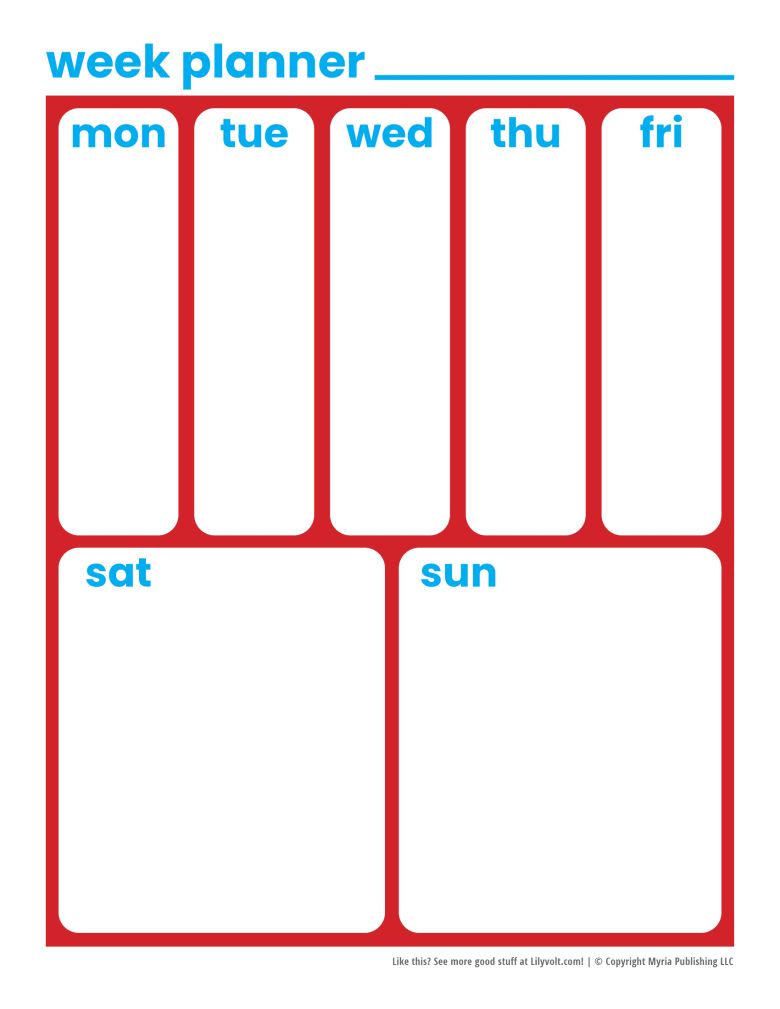 Week and weekend planner pages - Red with blue