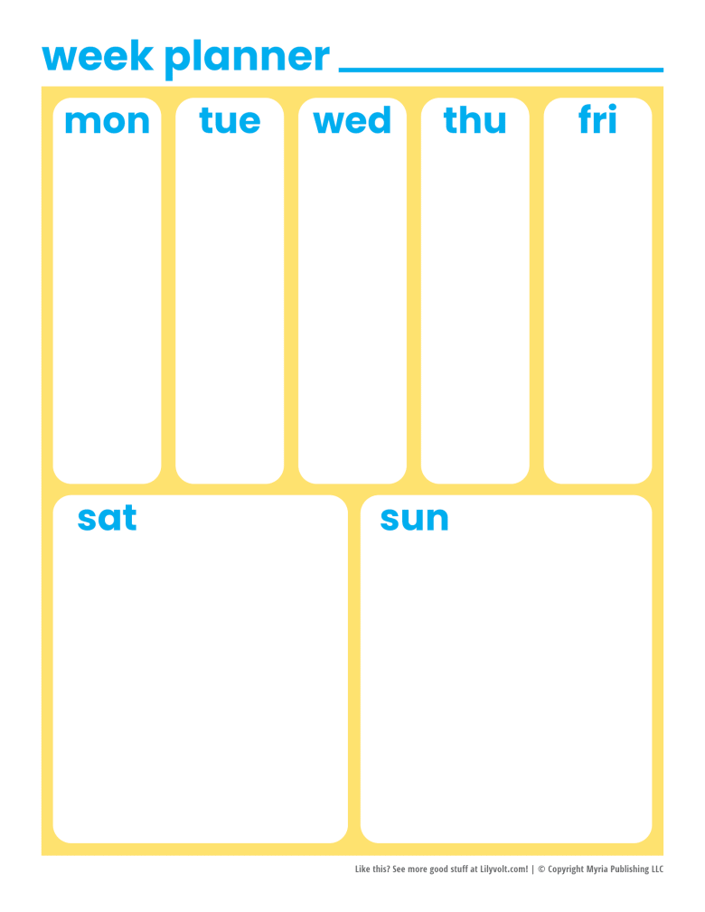 Week and weekend planner pages - Yellow with blue
