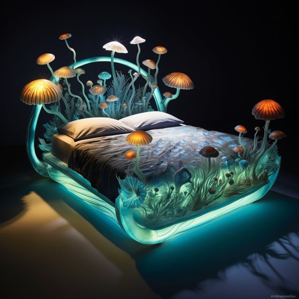 Wild lit-up beds for adults with mushrooms - AI concept at Lilyvolt com