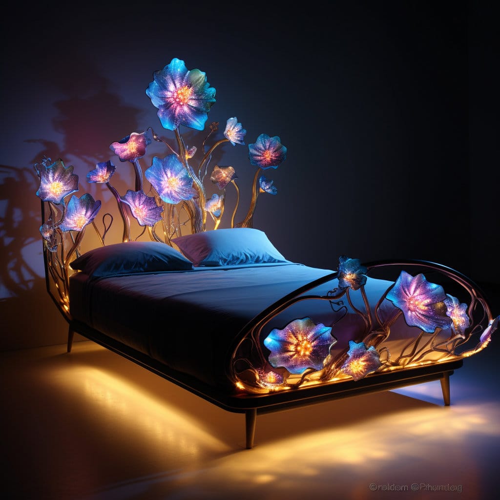 Wild lit-up beds for adults with trippy glowing flowers concept at Lilyvolt com